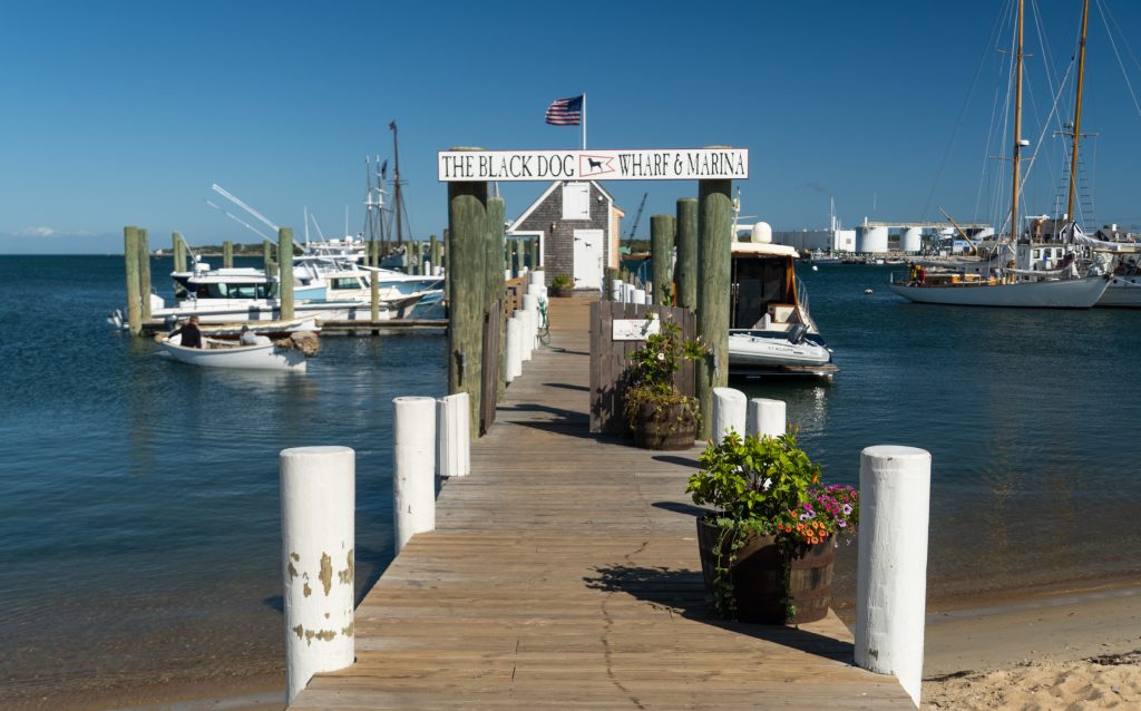 A small wooden dock in Martha's Vineyard leading to a calm bay and lots of small boats.