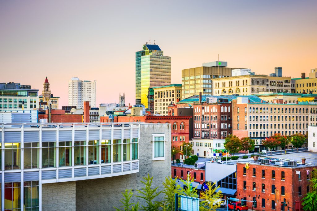 Aerial view of Worcester, MA just after sunset