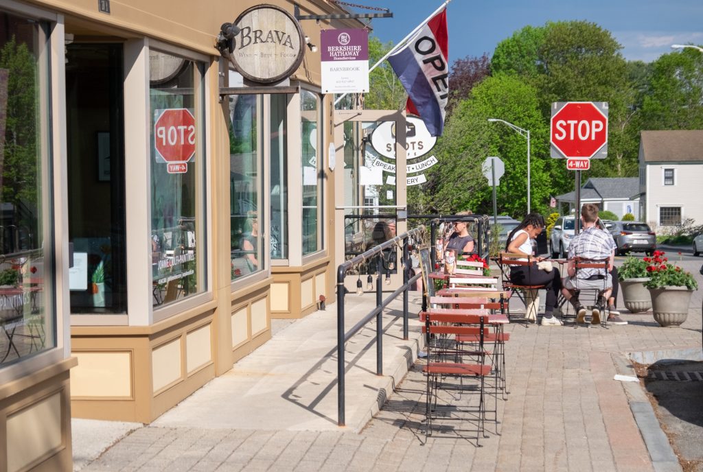 Outdoor seating at a coffeeshop in downtown Lenox MA.